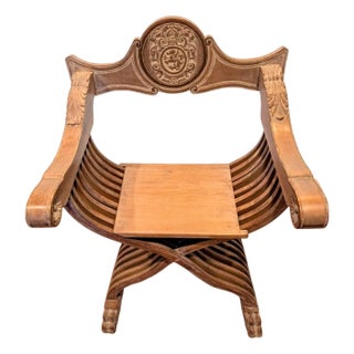 Mid 20th Century Carved Wood Savonarola Chair With Asian Crest on Backrest For Sale