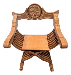 Mid 20th Century Carved Wood Savonarola Chair With Asian Crest on Backrest