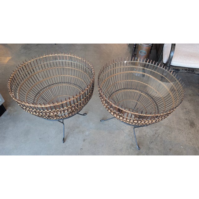 1960s Mid-Century Franco Albini Style Rattan, Iron & Glass Fish Trap Side Tables - A Pair For Sale - Image 14 of 14