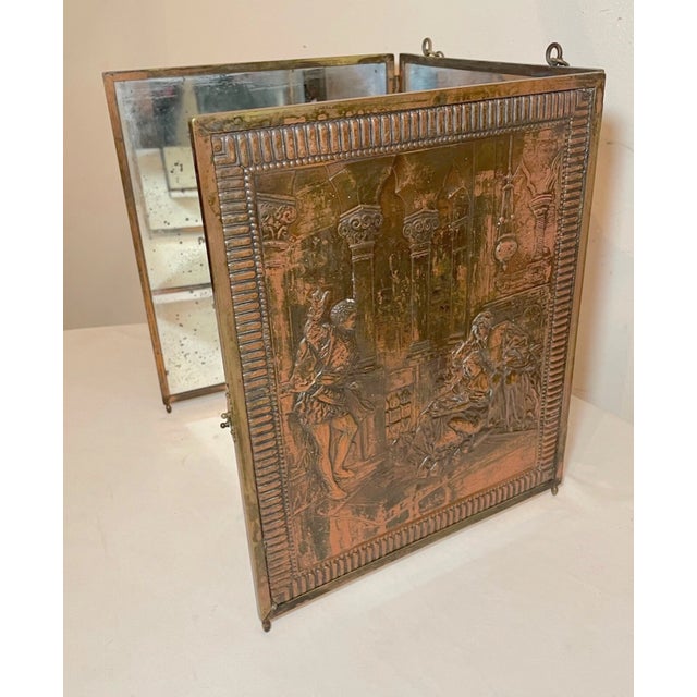 Antique Relief Figural Copper Triptych Panel Folding Table Vanity Mirror Plaque For Sale - Image 10 of 11