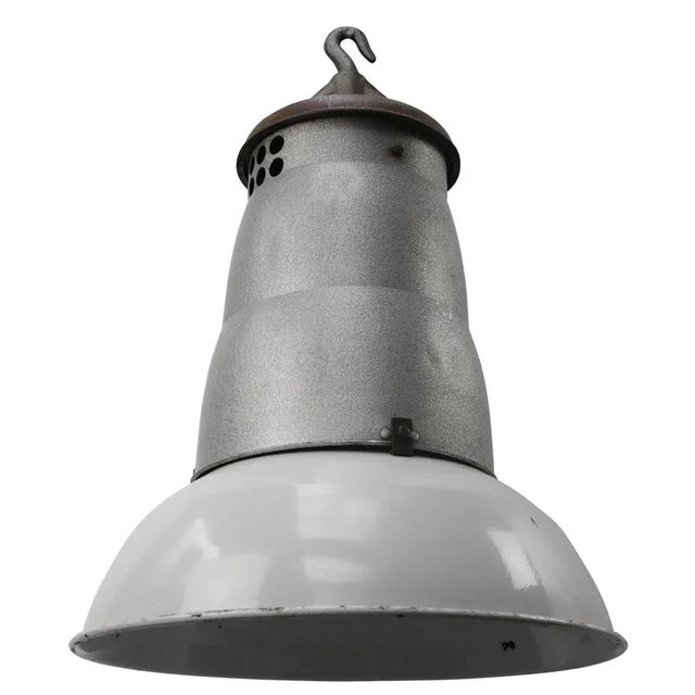 Industrial Large Vintage French Industrial Light Grey Enamel Pendant Lights from Mazda For Sale - Image 3 of 6