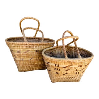 Vintage Boho Chic Straw/Rattan Woven Nesting Basket W/Handles - a Pair For Sale