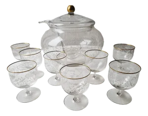 Glass Punch Bowl and Glasses with Ladle Motif, 1980s, Set of 10