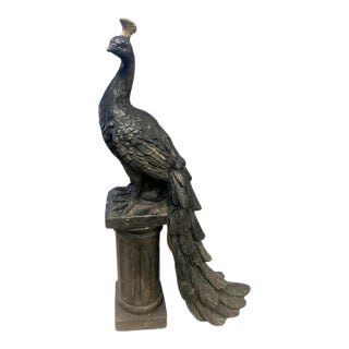 Vintage Hollywood Regency Style Resin Peacock on Fluted Pedestal For Sale