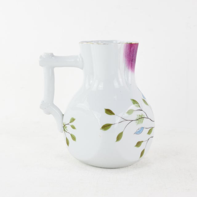 Traditional Delicate Purple and White Floral Ceramic Pitcher With Branch Handle For Sale - Image 3 of 10