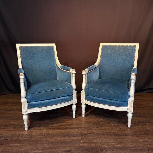 Antique French Neoclassical Painted Armchairs or Bergères in Blue Mohair- A Pair For Sale - Image 10 of 11