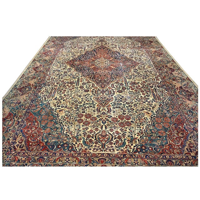 Ivory Antique Persian Sarouk Mahajaran Wool 12x19 Ivory, Navy, & Red Oversized Handmade Area Rug #1144059 For Sale - Image 8 of 16