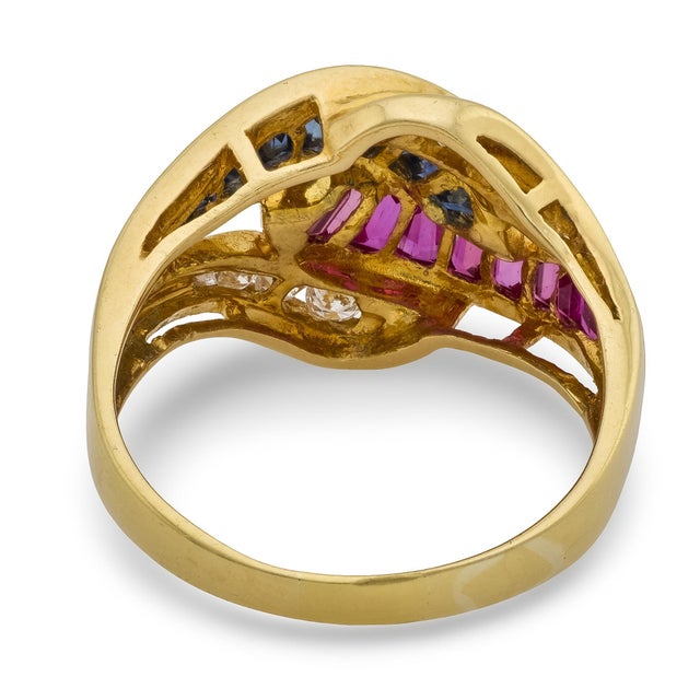 Metal Vintage Ruby Sapphire Diamond 18k Yellow Gold Cocktail Ring, Size 6.75 For Sale - Image 7 of 8
