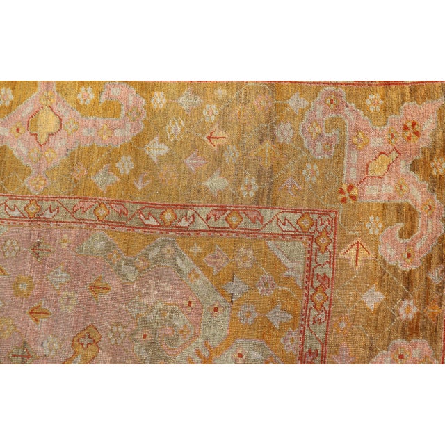Green Squared Shape Antique Oushak Rug in Green, Marigold, Cream and Pink Color For Sale - Image 8 of 17