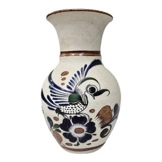 Vintage Mexican Tonalá Stoneware Folk Art Vase – Hand-Painted Bird & Floral Design, 8.5" For Sale