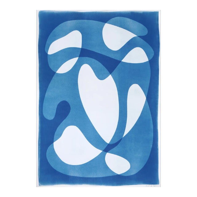 2024 / Abstract Mid-Century Floating Shapes in White and Blue, Handmade Cyanotype on Watercolor Paper For Sale