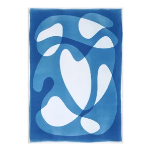 2024 / Abstract Mid-Century Floating Shapes in White and Blue, Handmade Cyanotype on Watercolor Paper
