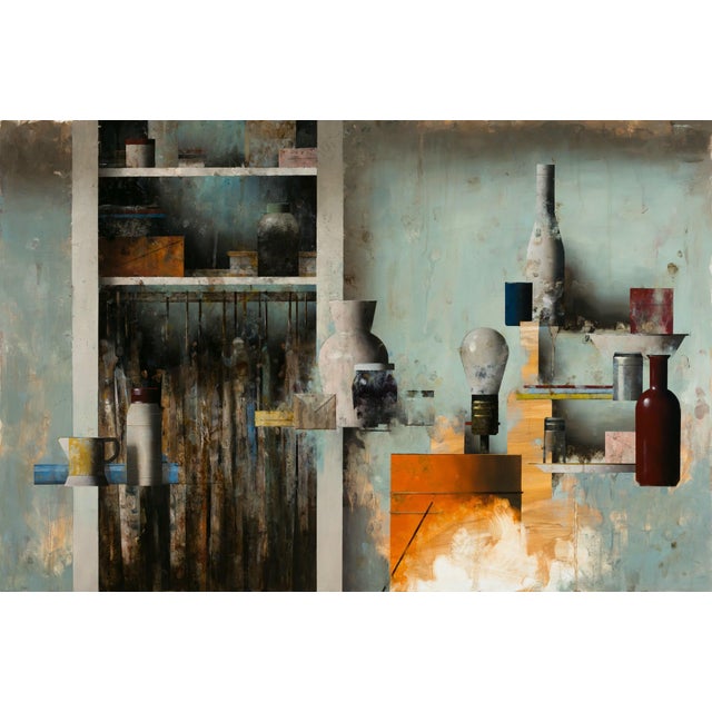 Missing Numbers by Matthew Saba | Oil on panel Still life of various objects on shelves For Sale