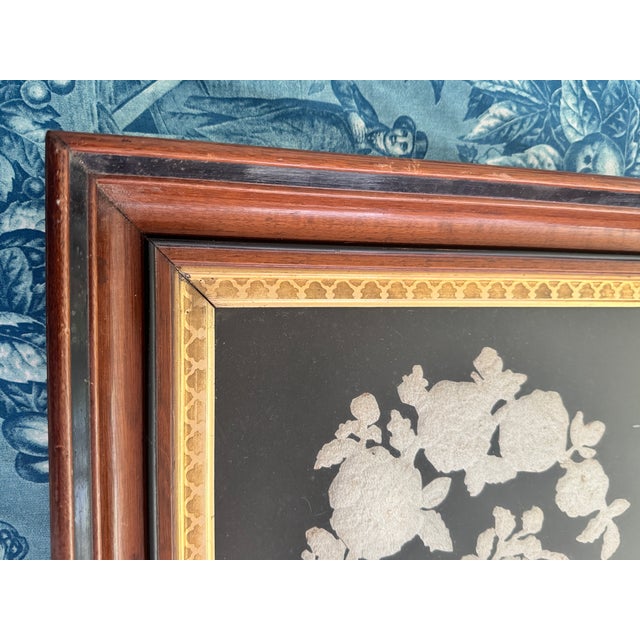Victorian Pin Prick Flower Basket Folk Art Black Velvet Deep Well Frame For Sale - Image 10 of 12
