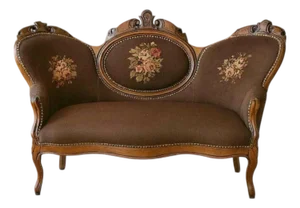 Antique Needlepoint Settee With European Floral Upholstery — Romantic Elegance