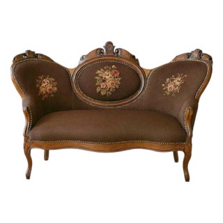 Romantic Antique Needlepoint Settee — European Floral Elegance For Sale