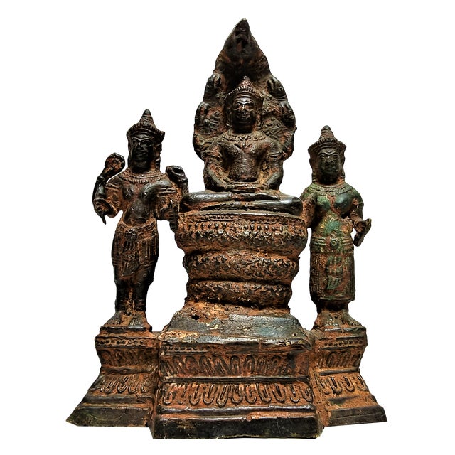 Khmer Triad Buddha Group, 1450s, Bronze, Set of 3 For Sale