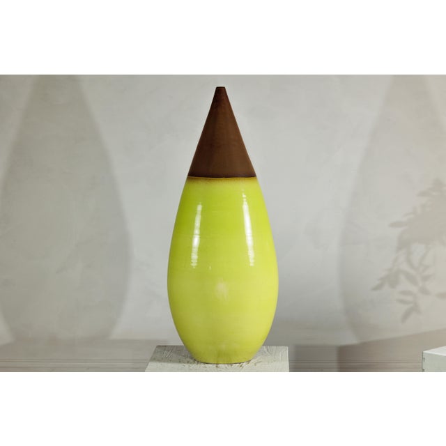 Late 20th Century Large Yellow and Brown Artisan Ceramic Vase with Teardrop Tapered Form For Sale - Image 12 of 18