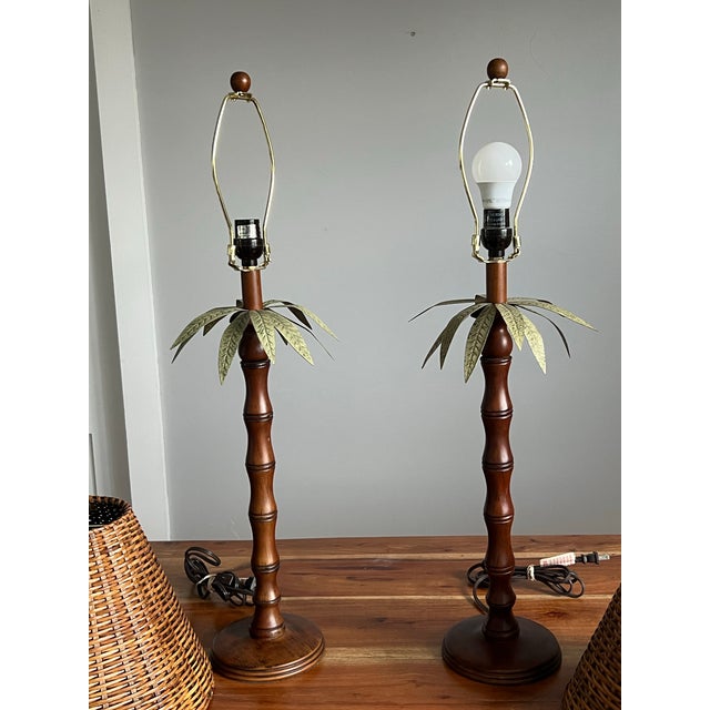Ornamental & Decorative Materials Vintage Hollywood Regency Faux Bamboo English Mahogany Palm Lamps For Sale - Image 7 of 12