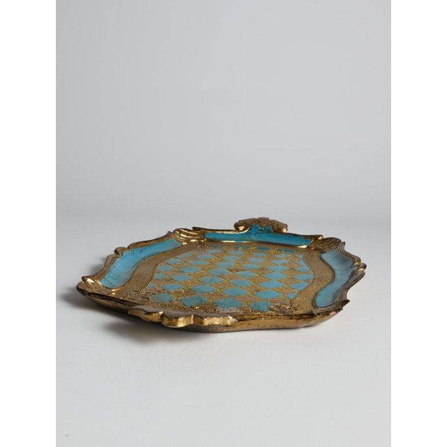 Hollywood Regency Florentine Neo-Rococo Gilt and Turquoise Tray with Harlequin Pattern, Italy, 1950s For Sale - Image 3 of 18
