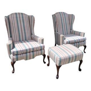 Elevate Your Space With a Pair of Ethan Allen Queen Anne Wingback Chairs, Combining Timeless American Craftsmanship With a Lively, Elegant Aesthetic. For Sale