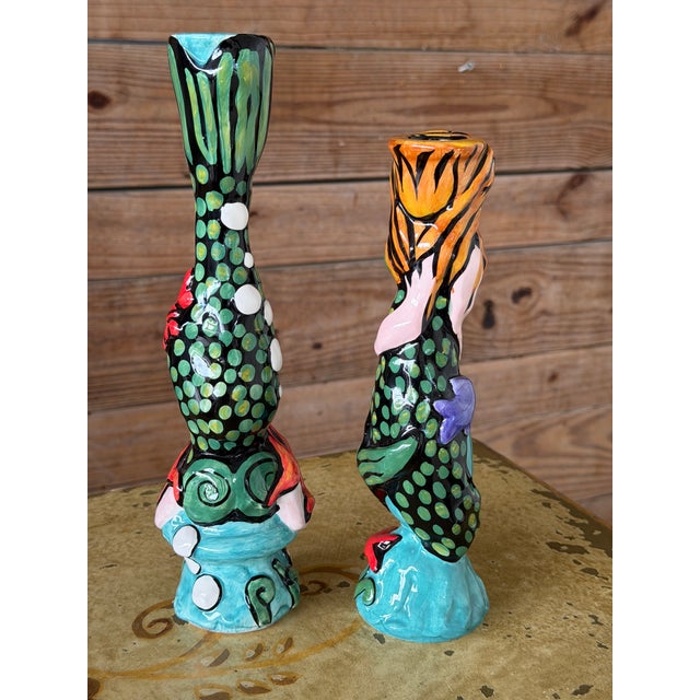 Folk Art Pair of Whimsical Hand-Painted Ceramic Mermaid Candlestick Holders For Sale - Image 3 of 9