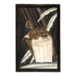 Mid Century Cooper Embossed Bongo Player Wood Framed by c.i.e. Pearson For Sale