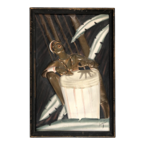 Mid Century Cooper Embossed Bongo Player Wood Framed by c.i.e. Pearson