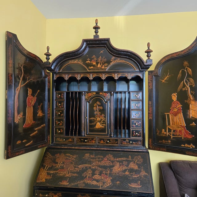 2000 - 2009 Maitland-Smith Chinoiserie Secretary Slant Front W/Bonnet Top Mirrored Doors Stunning For Sale - Image 5 of 18