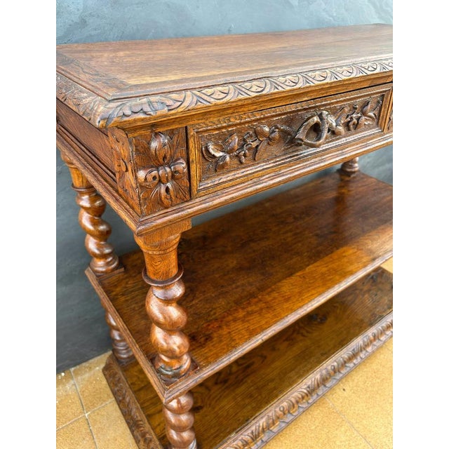 Brown Carved Oak Barley Twist Console with Shelves, 1890s For Sale - Image 8 of 14