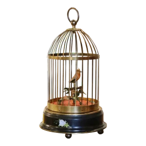 Mid-Century Swiss Automaton Brass Cage With Moving and Singing Bird
