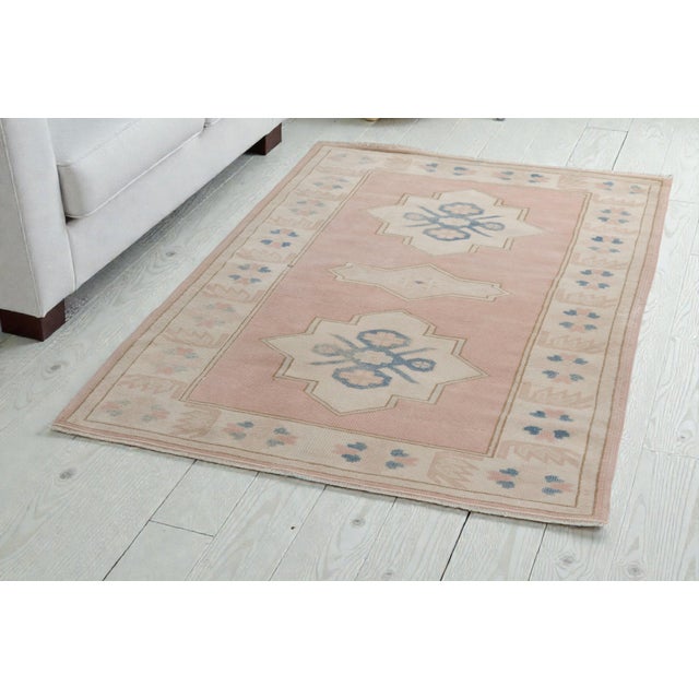 Turkish Vintage Low Pile Oushak Carpet For Sale - Image 3 of 9