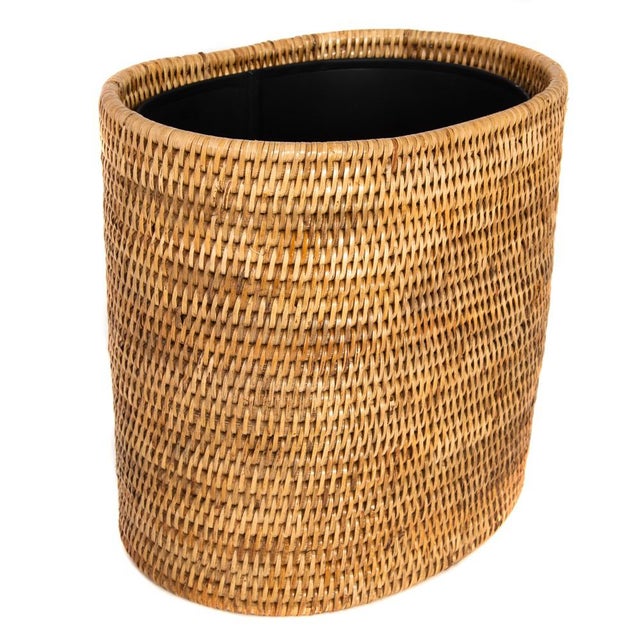 Brown Artifacts Rattan Oval Waste Basket with Metal Liner in Honey Brown - 11" For Sale - Image 8 of 8