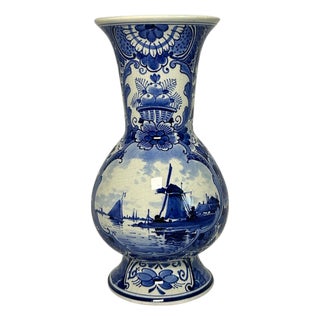 Antique Royal Delft Hand-Painted Windmill Vase by J. Van Lijnschooten, 1916 For Sale