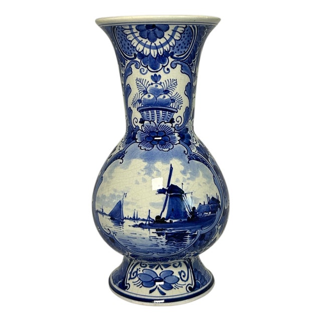 Antique Royal Delft Hand-Painted Windmill Vase by J. Van Lijnschooten, 1916 For Sale
