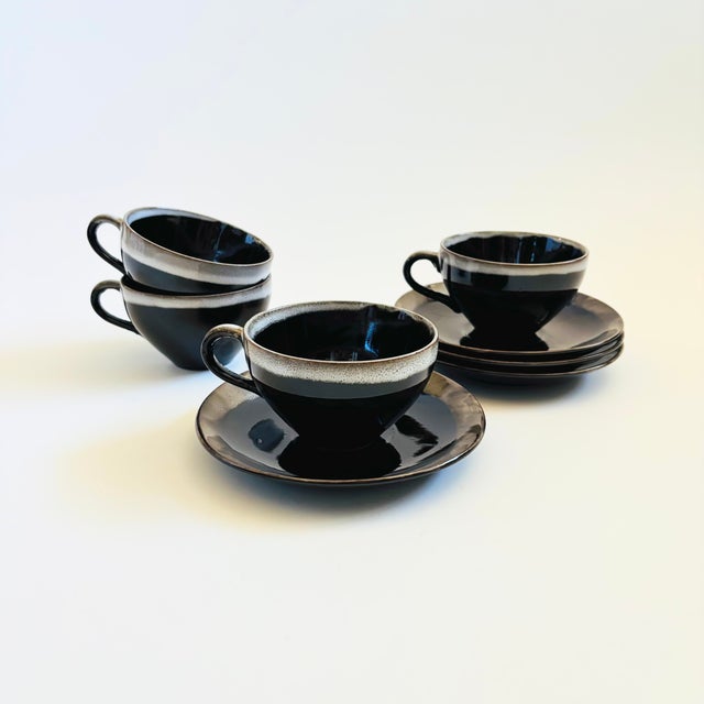 Mid 20th Century Mid Century Modern Brown Drip Glaze Mugs and Saucers - Set of 4 For Sale - Image 4 of 11