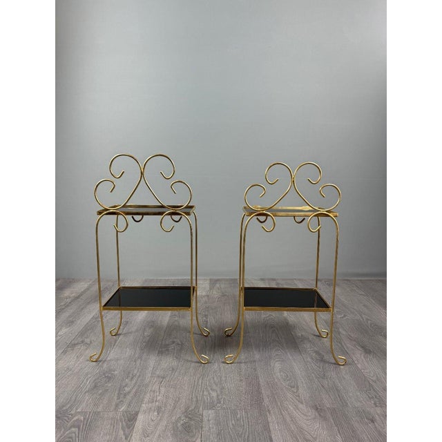 1960s Vintage Side Tables in Gilt Metal with Glazed Ceramic Tops, 1960s, Set of 2 For Sale - Image 5 of 12