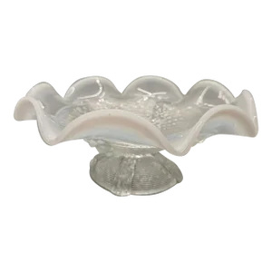 Northwood Glass Eapg White Opalescent Buttons & Panels Pattern Ruffled Dome Based Bowl