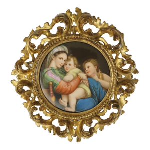 Late 19th Century Painting on Porcelain Plaque Madonna of the Chair Florentine Frame Religious Gift Catholic