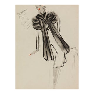 Vintage French Fashion Art Print – Black Banded Coat Illustration, 30" X 40" For Sale