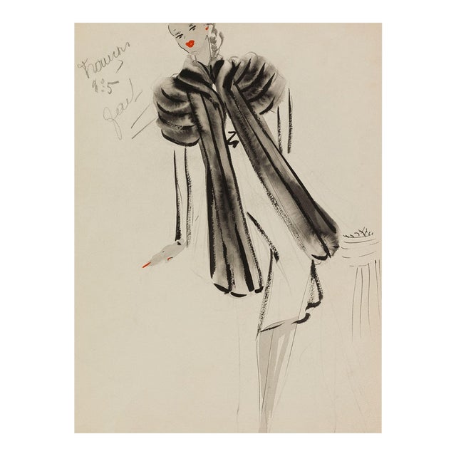 Vintage French Fashion Art Print – Black Banded Coat Illustration, 30" X 40" For Sale