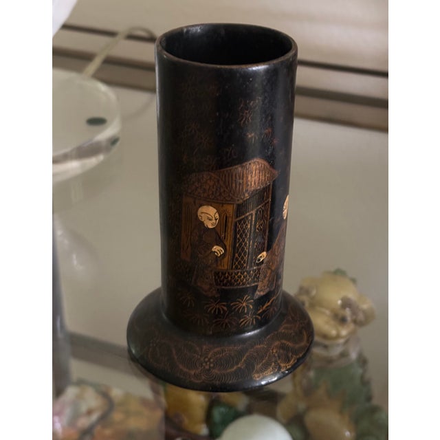 Antique English Papier-Maché Chinoiserie Spill Vase / Brush Holder in Black and Gold For Sale - Image 16 of 18