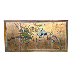 Early 19th Century Japanese Antique Screen Edo Period 4-Panel Cranes, Plum Blossoms, and Magnolia