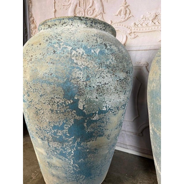 Mid 20th Century Pair of Large Antique Terracotta Urns With Weathered Blue Patina For Sale - Image 5 of 17
