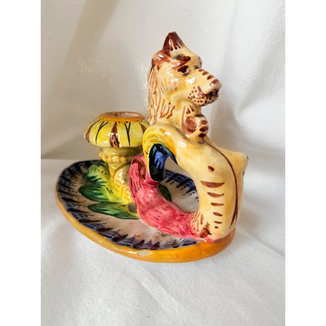 Vintage Mid-Century Modern, 1950s Italian Majolica Griffin Chambersticks, Hand-Painted Ceramic Pair For Sale - Image 11 of 16