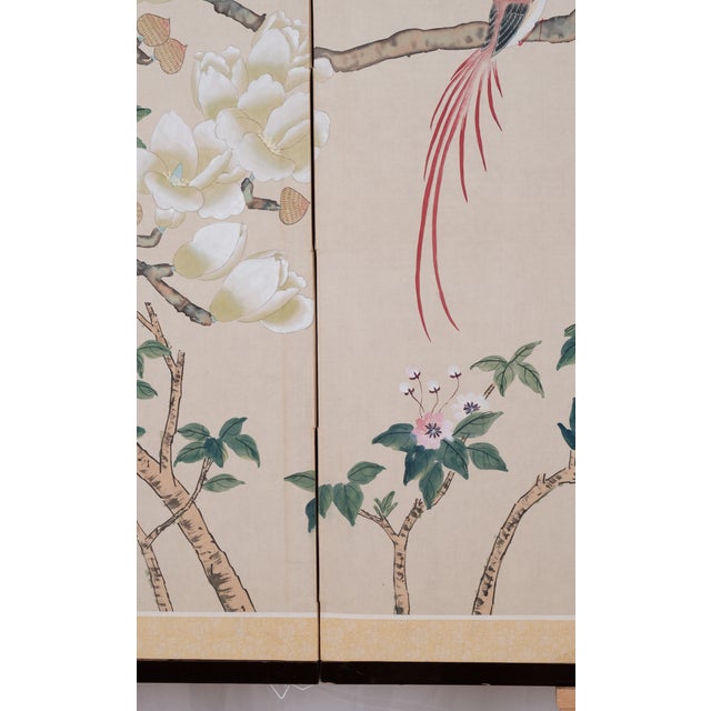 Mid 20th Century Japanese Byobu 4 Panel Folding Screen Printed Featuring Birds, Trees and Blossoms For Sale - Image 9 of 11