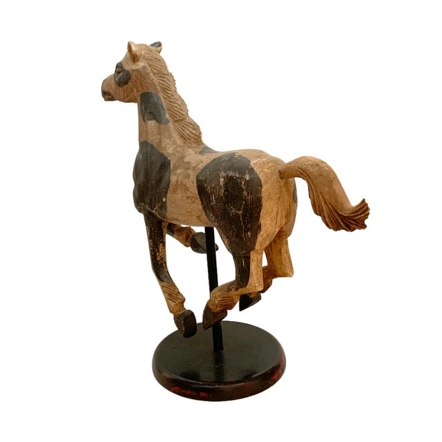Mid 20th Century Vintage Hand-Carved Painted Horse Figurine on Stand – Western Folk Art Decor For Sale - Image 5 of 6