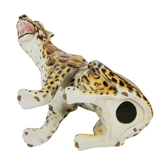 Vintage Italian ceramic serval sculpture, from 1980's. Hand crafted sculpture of sitting serval is created in glazed and...