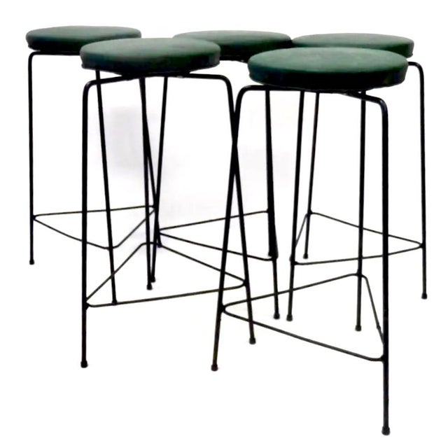 Mid-Century Modern Three-Legged Wrought Iron Swivel Counter Stools in the Manner of Frederic Weinberg - Set of 5 For Sale - Image 3 of 7