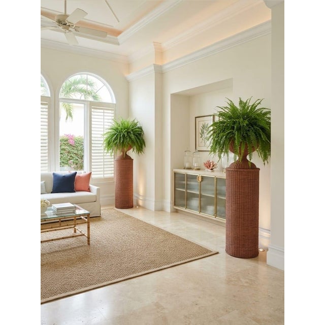 Pair of Vintage Woven Wicker Column Pedestals & Hourglass Urn Planters For Sale - Image 10 of 12